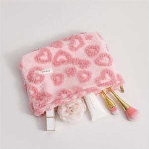 Brand New Pink Fuzzy Heart Makeup Bag